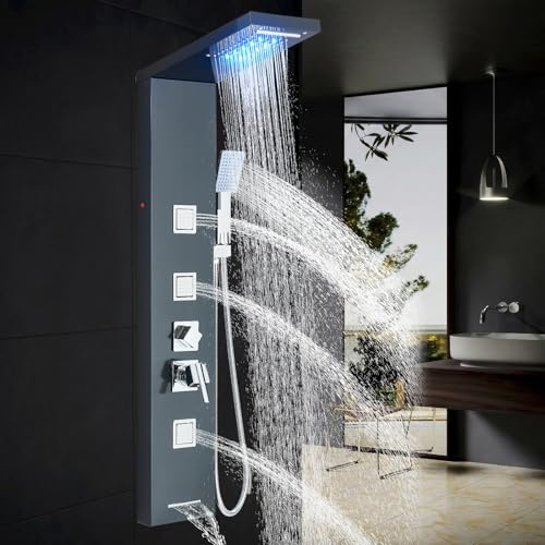 ZAMERY Panel de ducha con grifería, 5 funciones, panel de ducha con lluvia LED, 3 chorros de masaje, ducha de mano y cascada, entrada de bañera, acero inoxidable negro