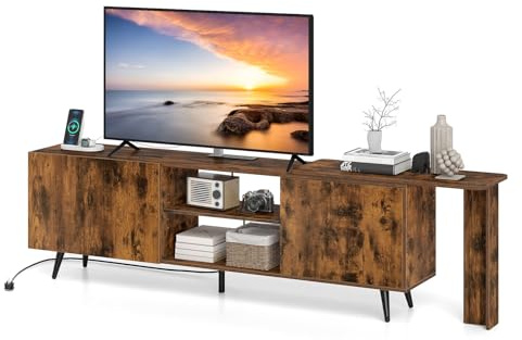 COSTWAY TV Stand Cabinet for 55 Inch TVs, 187cm Industrial Media Entertainment Center with Charging Station & Adjustable Shelf, 5 Metal Legs TV Unit Console Table for Living Room Bedroom, Rustic Brown