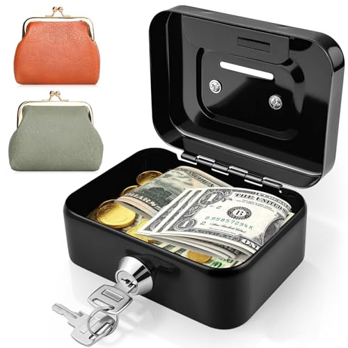 GZLCEU 1 Stk Geldkassette Klein, 11.5×8.5×5cm Kleine Kasse mit Schlüssel mit 2 Stk Leder Münzbörsen für Münzen und Scheine Mini Geldkassette Abschließbar