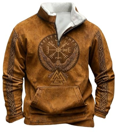 Gefomuofe Veste viking pour homme - Pull en polaire chaud et décontracté - Imprimé rétro - Sweatshirt avec col - Pull en laine à manches longues - Pull d'hiver surdimensionné - Pull de travail, marron
