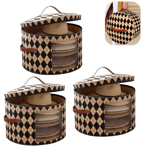 Eyoulife Scatola per cappelli rotonda con coperchio in feltro, 43 x 26 cm, con finestra trasparente, 2 manici in pelle, 2 cerniere, motivo a rombi, pieghevole, in feltro per cappelli e giocattoli (3