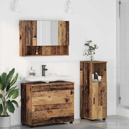 Yunovire badrumsmöbler set set med tvättställ, tvättställsunderskåp, spegelskåp och högskåp av gammalt trä plywood och metall, med förvaringsutrymme, låda, dörr