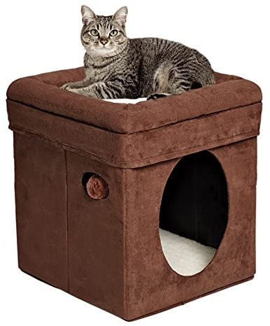 MidWest Homes for Pets Feline Nuvo Curious Cat Cube, Foldable Pet Hideout with Toy, Bolstered Bed Top, Faux Brown Suede, Synthetic Sheepskin