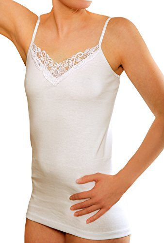Yenita 4 Stück Damen Unterhemden Spaghettiträger aus Baumwolle mit schöner Spitze, Gr. 44/46