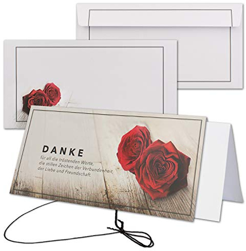 50x Trauerkarten-Set Johanna - Rosen-Motiv - DIN Lang Danksagung Komplett-Paket mit Umschlag & Einlege-Blätter & schwarzem Schmuck-Band - in stabiler Box - Trauer-Papiere by GUSTAV NEUSER