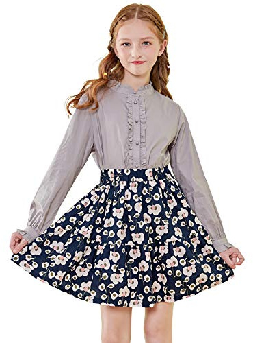 SOLOCOTE Girls White Blouse Ruffle Long Sleeve Button Down Shirts Princess Cotton Loose Soft Tops Spring and Summer 3-14Y, B-Gray, 7-8 Years