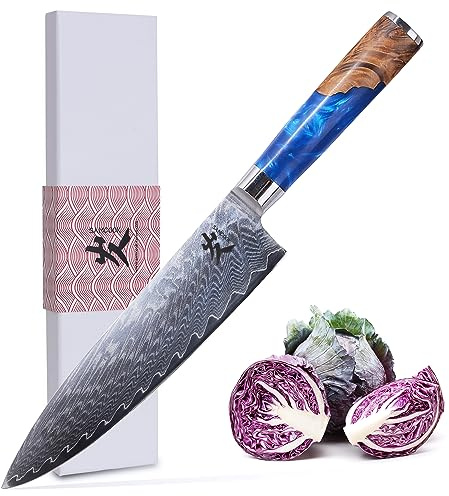 SAMCOOK Damascus Chef Knife - 8 Inch Professional Sharp Gyuto Knife - Japanese VG-10 High Carbon Stainless Steel Kitchen Cooking knife - Ergonomic Blue Resin Wood Handle with Gift Box