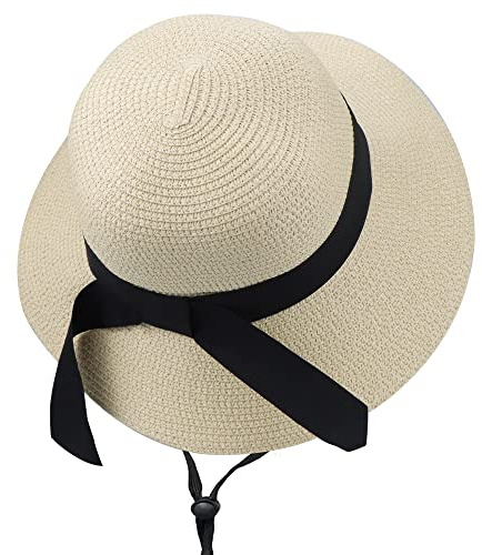 Girls Wide-Brim Straw Sun-Hat for Summer Beach with Bow, Little-girl Beige, 5-9 Years