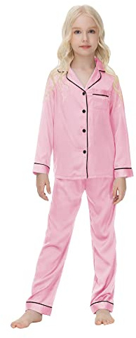 Verve Jelly Ensemble pyjama en satin de soie pour bébé filles garçons mignon couleur unie hauts à manches longues chemise boutonnée pantalon long vêtements de détente rose 150 11-12 ans