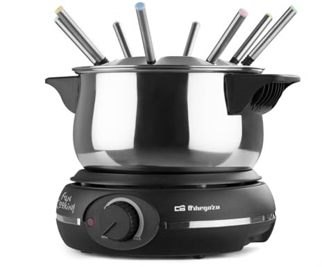 Orbegozo FDR 14 Elektro-Fondue für 8 Personen, 1,4 Liter, Käse, Schokolade und Fleisch, Temperaturregler, Spritzschutz, Abnehmbarer Kochtopf, Edelstahl, 1500 W