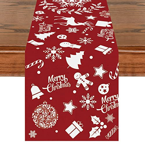 Rot Weihnachten Tischläufer, Weiß Weihnachten Rentier & Schneeflocke Tischwäsche, 35 x 180cm Bunt Weihnachts Party Waschbar Winter Festival Küche Tischdekoration Drinnen Draußen Garten Tischdecke