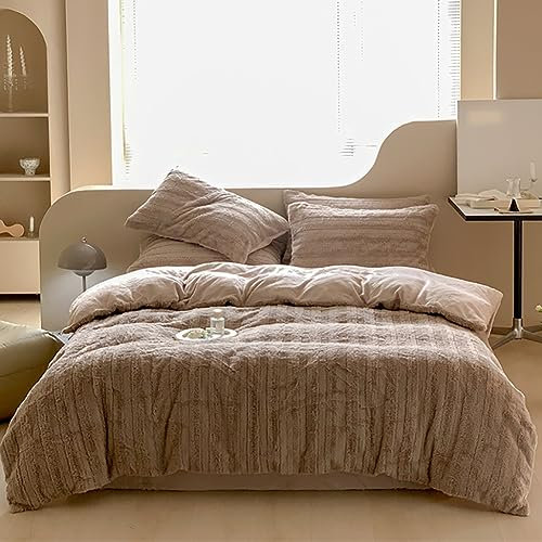 Michorinee Housse de Couette en Peluche 220x240 Marron - Parure de Lit Polaire Flanelle Chaud Hiver - Linge de Lit 2 Personnes Fermeture Éclair + 2 Taie d'oreiller 65x65 cm
