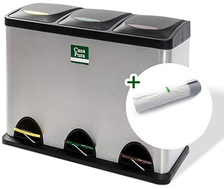 Floordirekt Mülleimer 2 oder 3 Fächer 24 L aus Edelstahl für Haushalt inkl. 15 Müllbeutel | Abfalleimer Mülltonnenbox 3er für Küche 3 Kammer je 8 Liter für Papier, Biomüll, Plastik 60,5x34,5x56,5cm