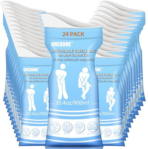 ONEDONE Einweg-Urinbeutel, 24 Stück, 860 ml, Urinbeutel für Reisen, für Männer, Frauen, Kinder, Notfall-Urinbeutel, tragbarer Notfall-Urinbeutel, Erbrochener Beutel für Stau, Camping, Wandern