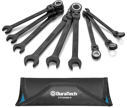 DURATECH 9-delars Spärrnyckelsats med Flexhuvud 8-17 mm, Kombinationsnycklar Metriska, Cr-V Stål, 72 Tänder, Rostskyddande Beläggning, med Rullfodral
