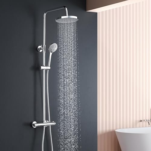YOOZENA Juego completo de grifo de ducha, sistema de ducha (grifo de ducha con termostato, alcachofa de ducha con manguera y soporte), ducha de lluvia con grifo, cromado