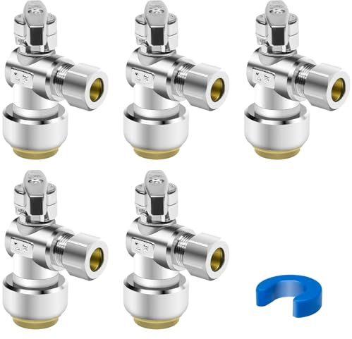 5PCS Angle Stop Valve, 1/2 x 3/8 Inch Compression Angle Water Shut Off Valve, Toilet Faucet Valve, Pushfit 1/4 Turn, No Lead Brass Push to Connect Plumbing Fitting for Copper, CPVC, PE-RT, PEX Pipe