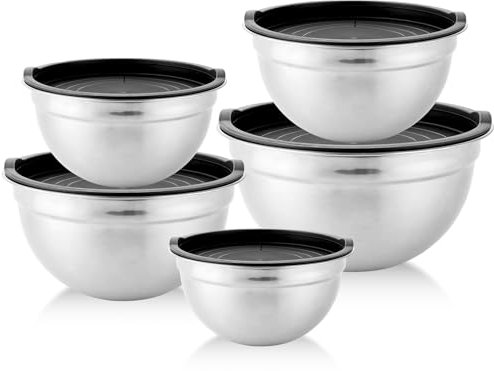 LOPYXBR Lot de 5 bols mélangeurs en acier inoxydable avec couvercle hermétique - Empilables et lavables au lave-vaisselle - 2,7/2,5/1,5/1,2/0,7 l