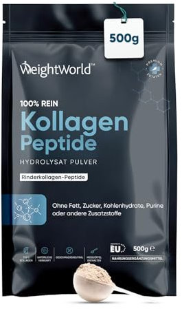 Collagen Pulver 500g - 100% reine Typ I & III Kollagen Peptide Hydrolysat Pulver - Geschmacksneutral - 18 Aminosäuren - Natürlicher Herkunft - Frei von Zucker - Rinder Collagen Peptide - WeightWorld