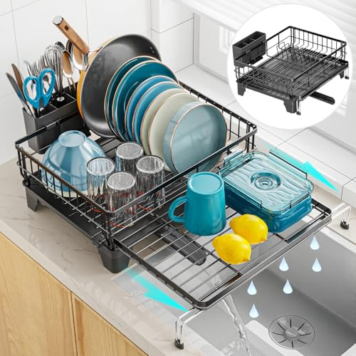GSlife Expandable Dish Drying Rack for Kitchen Counter, Large Capacity 2-in-1 Rust Resistant Dish Drainer with Swivel Spout and Pull Out Over Sink Extension, 16.7 W x 12.6-22.4 L, Black