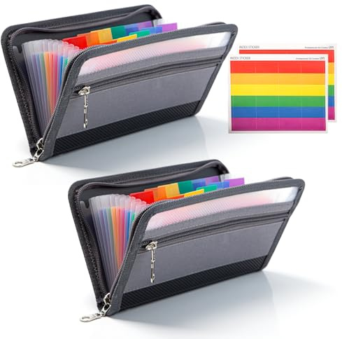 Keboyoe 2 Pezzi Organizer Documenti A6 Portafoglio Documenti Organizer con Zip 13 Scomparti, Cartelle Portadocumenti con Tasca Frontale ed Etichette Colorate per Assegni Fatture Ricevute Biglietti