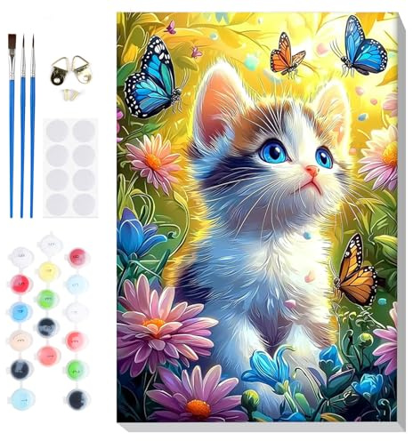 Lxmsja Gato Pintar por Numeros Adultos con Marco, DIY Animal Cuadros para Pintar Colorear por Números Lienzos, Pintura Acrilica Manualidades Adulto Decoracion Hogar Pared 20x30cm