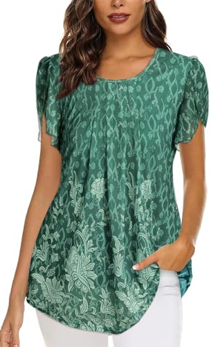 Genfien Camicia da Donna Scollo Rotondo Chiffon Bluse Tessuto Reticolare Traspirabile Elegante Tops Casual Bluse e Camicie con Stampata