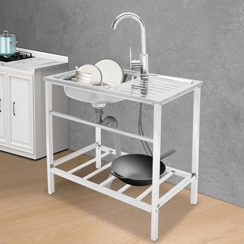 Rostfritt stål bord gastro-diskbänk med underskåp, kommersiellt diskbänk kök diskbänk, fristående diskbänk med kran, för utomhus, inomhus, restaurang, 75 x 40 x 76 cm
