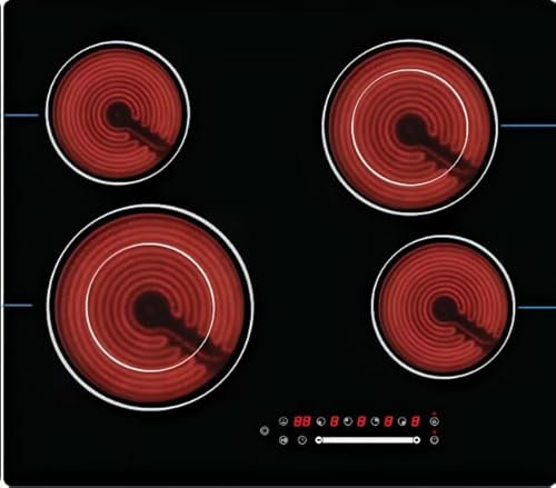 Nardea Placa Vitrocerámica 4 Zonas 6700W 220V – Cocina Eléctrica Empotrable con Temporizador, 9 Niveles, Pausa, Bloqueo Infantil, Apta para Todo Tipo de Ollas