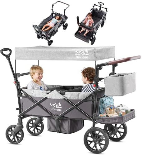 Carrozzina pieghevole per 2 bambini, con tetto e vassoio rimovibile, porta con chiusura lampo, cintura a 5 punti, manico regolabile, carrello con sedile, trascinamento e scorrimento