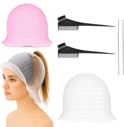 Strähnchenhaube, 6-Teiliges Set Mit Strähnchenhaube, Stahlnadeln Und Färbekämmen, Ideal Für DIY Strähnchen Selber Machen Und Präzise Haarfärbung, Aus Hochwertigem Silikon