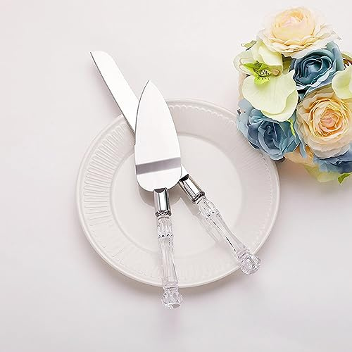 Wedding Clear Cake Cutter and Server Set with Crystal Handle, Reusable Wedding Reception Tableware Supplies for Engagement Anniversary Birthday Party