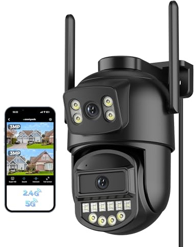 Reobiux Telecamera Wi-Fi Esterno,Doppio Obiettivo 6MP,2.4/5Ghz,Videocamera Sorveglianza,Ethernet,360°PTZ,Visione Notturna,Audio Bidirezionale,Rilevamento Persone,Cavo per patii/giardini/garage,IP66