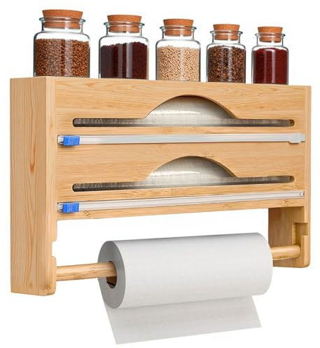 Thrink Wall Mounted Bamboo Cling Film & Foil Dispenser with Cutter and Kitchen Roll Holder – 4-in-1 Wrap Organiser Rack Compatible with 12 or Smaller Rolls – Space-Saving Kitchen Dispenser (Natural)