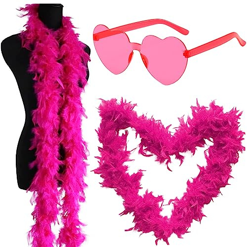 Boa de Plumas, 2M Bufanda de Plumas con Gafas Disfraces Accesorios Bufandas de Pluma Decorativas Fiesta de Disfraces de Boda para Bailar,Cosplay,Navidad,Fiestas,Carnaval,Fiesta Temática(Fucsia)