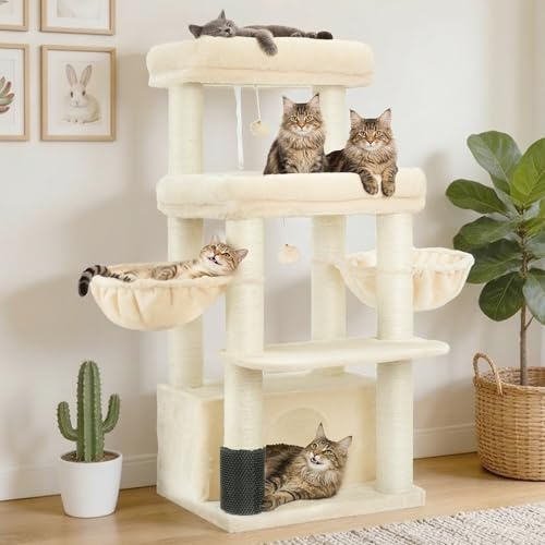Hey-brother Katträd, lekturna för katter, anpassad för stora katter och Maine Coon, med sisalstolpar på 8 cm, 2 plattformar, 2 korgar, stort bo och tillbehör med kattborste, beige MPJ02M