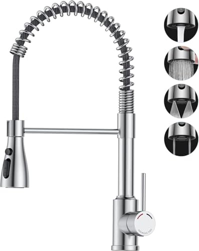 SREWOHS PRO Grifo Cocina Extraíble con Ducha, Grifo Fregadero Acero Inoxidable con 4 Modos de Agua, Caño Alto Giratorio 360°, Grifo Cocina Monomando para Fregadero de 1 Seno, Cabezal ABS
