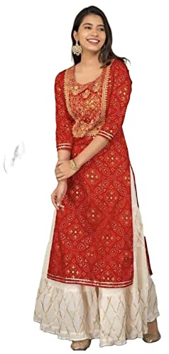 INDACORIFY Belle broderie indienne Kurti Sharara pour filles et femmes, robe de bureau de fête, rouge, XL
