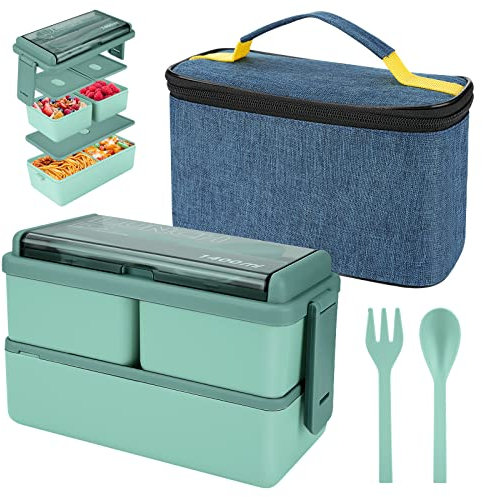 Boîte à lunch de 1400 ml avec 3 compartiments - Boîte à bento à 2 couches avec sac et couverts isolés, boîte à conteneurs de préparation de repas pour adultes les étudiants pour enfants (vert)