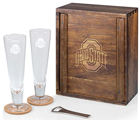 PICNIC TIME NCAA Ohio State Buckeyes Pilsner Ensemble de bière artisanale avec 2 verres à bière, cadeau pour les amateurs de bière (bois d'acacia)