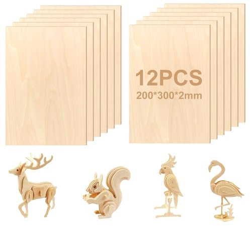 NVIYAM Lot de 12 Contreplaqué, 300x200x2mm Feuilles de Tilleul, Contreplaqué non Fini, Feuilles de Bois Minces, Feuilles de Bois de Tilleul Pour Bricolage Artisanate en Bois Modèles et Peintures