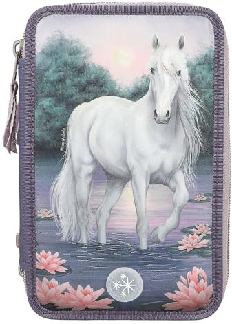Depesche 12947 Miss Melody - Gefüllte 3-Fach Federtasche in Lila, mit LED, Seerosen und Pferde Motiv, Federmappe mit Buntstiften, Lineal, Schere uvm.