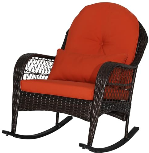 MEDIMALL Outdoor Wicker Rocking Chair, Patio Rattan Rocker w/Lumbar Pillow, Padded Seat & Back Cushions, Metal Frame, Mix Brown Wicker Furniture for Balcony, Porch, Deck, Backyard (Red)