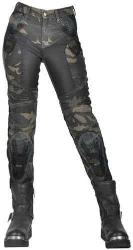 QIYUANT Pantalones de Moto Verano para Mujer Camuflaje Motocicleta Jeans Respirable Resistencia Desgarro Pantalón de Motorista Retro Casual Elásticos con Protecciones Mejorada (Verde, XS)