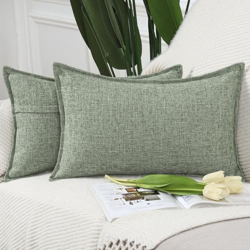 Madizz Juego de 2 Suave Lino Decorativo Funda de cojíns Lujo Estilo Fundas de Almohada para el sofá Dormitorio Verde grisáceo Rectangular 30 x 50 cm