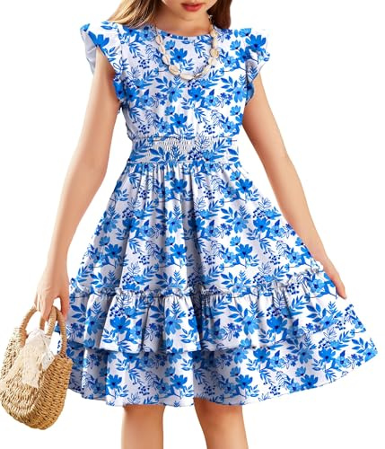 Arshiner Niñas Vestido Mangas Voladoras Verano Niños Algodón Vestido Ocio A-Line Elegante Swing Vestidos de Fiesta para Niñas 9-10 Años Flor Azul