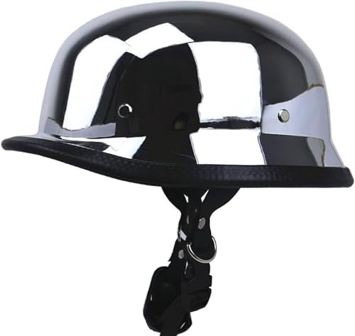 Open Face Motorcycle Half Shell Helmet DOT Approved Mirror Silver Chrome German Style Bike Beanie Helmet,Retro Skull Cap Moped Bicycle Scooter Helmet for Adults Men and Women(Large)