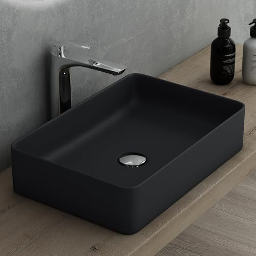 Mai & Mai Lavabo da Appoggio 58x38x13cm, Lavandino Bagno Brüssel105D in Ceramica con Nano Rivestimenti inclusi, Nero opaco
