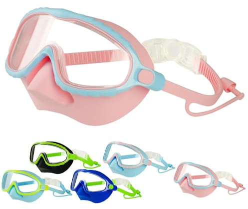 Lunettes de natation pour enfants avec cache-nez, masque de natation amélioré 2025 avec grande monture HD, masque de plongée anti-buée et sans fuite pour enfants et jeunes (E)