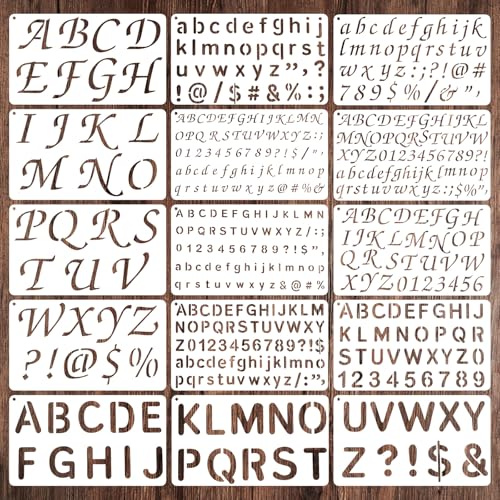 Ouligay 15 PCS 1/2, 3/4, 1, 2 Inch Small Letter Stencils for Painting Reusable Plastic Stencils with Alphabet Number for Crafts Art Projects Painting on Wood, Metal, Walls, Fabric, Rocks